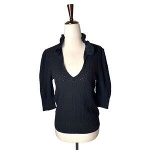Ganni Sweater Women Small Black Linen Cotton Blend Textured Knit Ruffle Collar‎